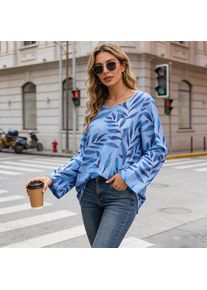 Women's Light Blue Leaf Print Long Sleeve Blouse &ndash; Casual & Breathable for Everyday Wear