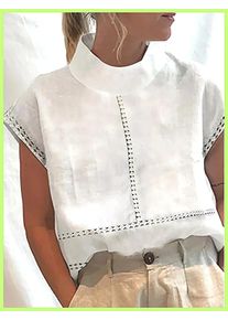 Women's Cotton Linen Pullover Shirt, Elegant Lace Trim Slim Fit Stand Collar Top for Summer Streetwear