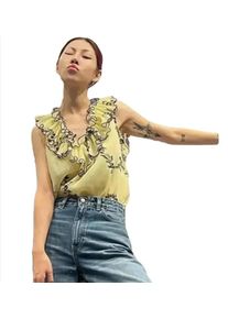 Summer Fresh Floral V-neck Vest for Women French Style Temperament Ruffle Collar Pleated Chiffon Shirt Large Size 5XL Elegant Pr