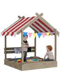 Outsunny House-Designed Wooden Sandbox, Outdoor Sandpit, with Blackboard, Toys, Sink, Seats, Flags, for Ages 3-7 Years - Grey | Aosom Ireland
