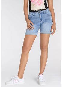 Jeansshorts Arizona "Ultra-Stretch", Damen, Gr. 42, N-Gr, blau (bleached), Jeans, Obermaterial: 74% Baumwolle, 24% Polyester, 2% Elasthan, Basic, extraeng kurz, Jeans Jeansshorts, extra eng geschnitten, krempelbare Beinabschl&uuml;sse