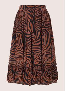 Madeleine Mode Sommerrock MADELEINE "Faltenrock Midirock mit Zebra-Print", Damen, Gr. 36, schwarz (nussbraun, schwarz), Obermaterial: 100% Viskose CV., Modern, A-Linie, R&ouml;cke Sommerrock, Zebra-Print