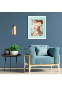 Bild mit Rahmen queence "Frau mit Blumenkranz", blau (farbe rahmen: wei&szlig;, farbe bild(er): t&uuml;rkis), B:30cm H:40cm T:2cm, Acrylglas, Holz, Bilder, Bild mit Rahmen, Poster mit buntem Acrylglas Passepartout