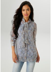 Langarmbluse Aniston SELECTED, Damen, Gr. 46, beige (hellblau, beige, blau, oliv), Chiffon, Obermaterial: 100% Polyester. Futter: 100% Polyester, bedruckt, gebl&uuml;mt, leicht transparent, l&auml;ssig geschnitten h&uuml;ftbedeckend, V-Ausschnitt, 2-Knopf-Manschette, Blusen Langarmbluse, mit Schluppe und minimalen Bl&uuml;mchenmuster