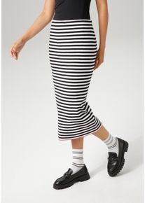 Strickrock Aniston CASUAL, Damen, Gr. 46, bunt (schwarz, wei&szlig;, rot), Feinstrick, Obermaterial: 50% Viskose, 28% Polyester, 22% Polyamid, geringelt, gestreift, sehr figurbetont wadenlang, R&ouml;cke Strickrock, mit rotem Farbakzent am Saum