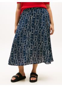 A-Linien-Rock Tommy Hilfiger Curve "CRV ESS LINEN FLARE SKIRT", Damen, Gr. 48, blau (flag feathers schwarz night navy), Web, Obermaterial: 100% Leinen, bedruckt, relaxed fit ca. Mitte Wade, R&ouml;cke A-Linien-Rock, in gro&szlig;en Gr&ouml;&szlig;en, ausgestellte Form