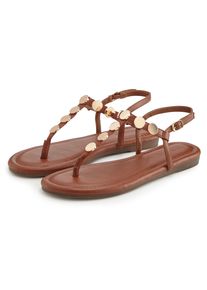 Sandale Vivance "Sommerschuh, offener Schuh, Sandalette", Damen, Gr. 38, braun (camelfarben), Obermaterial: 100% Lederimitat. Decksohle: 100% Lederimitat. Futter: 100% Lederimitat. Laufsohle: 100% Synthetik, gl&auml;nzend, unifarben, Basic, Schuhe Sandale, mit goldfarbenen Schmuckelementen VEGAN