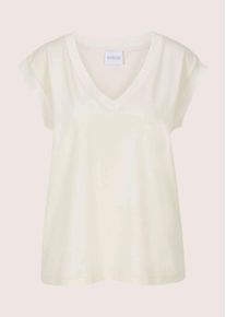 Madeleine Mode Kurzarmshirt MADELEINE "Jerseyshirt Sommershirt mit Rippenb&auml;ndern", Damen, Gr. 48, wei&szlig; (wollwei&szlig;), Obermaterial: 92% Baumwolle CO. 8% Elasthan EL., Modern, V-Ausschnitt, Shirts Kurzarmshirt, Breites Rippenband