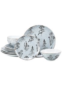 Teller-Set Creatable "Vintage Flower, Teller Set 12-tlg.", blau (stein), 12, Porzellan, Geschirr-Sets, Teller-Set, Farbglasur mit Sprenkeln, Rustikaler Vintage Look
