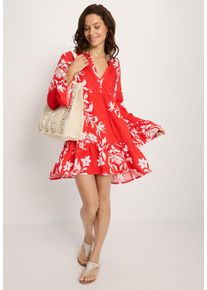 Strandkleid Lascana, Damen, Gr. 44/46, N-Gr, blau (wei&szlig;, rot bedruckt), Web, Obermaterial: 100% Viskose, bedruckt, figurumspielend ca. Mitte Oberschenkel, Rundhals, Volant, Kleider Strandkleid, mit Alloverdruck, Tunika, Blusenkleid, Strandmode, Topseller