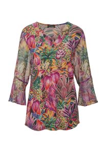 Schlupfbluse GOLDNER "Kurzgr&ouml;&szlig;e Bunte Tunika mit floralem Print", Damen, Gr. 21, bunt (bunt, gemustert), Obermaterial: 95% Viskose CV. 5% Elasthan EL., figurumspielend, V-Ausschnitt, weit Volant, Blusen Schlupfbluse, Florales Muster