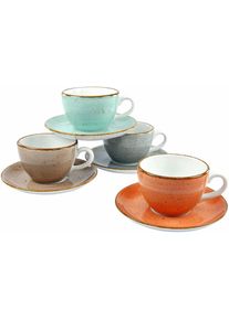 Tasse Creatable "Tassen Set VINTAGE NATURE", bunt (terra, steingrau, blau, schlamm), 8 Stk., Porzellan, Trinkgef&auml;&szlig;e, Tasse, 4 Kaffeetassen, 4 Untertassen