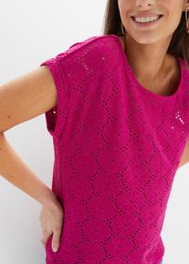 Shirtbluse bonprix, Damen, Gr. 48/50 (XL), pink (fuchsiapink), Web, Obermaterial: 95% Polyester, 5% Elasthan, unifarben, figurumspielend h&uuml;ftlang, Rundhals, angeschnitten Umschlagsaum, Blusen Shirtbluse, bequeme Passform, mit Lochstickerei, elastisches Material