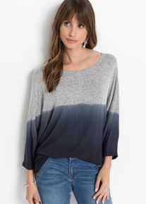 Oversize-Shirt BONPRIX, Damen, Gr. 48/50 (XL), grau (grau, dunkelblau meliert), Feinstrick, Obermaterial: 75% Viskose, 21% Polyester, 4% Elasthan, mehrfarbig, oversize h&uuml;ftbedeckend, Rundhals, Fledermaus&auml;rmel, Shirts Oversize-Shirt, Oversize-Passform, 3/4-Fledermaus&auml;rmel, mit Farbverlauf