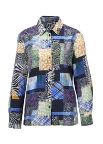 Klassische Bluse GOLDNER "Kurzgr&ouml;&szlig;e Patchworkbluse mit Allover-Druck", Damen, Gr. 23, blau (marine, gemustert), Obermaterial: 100% Viskose CV., figurumspielend, Manschette, Blusen Klassische Bluse, Knopfleiste