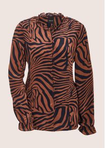 Madeleine Mode Langarmbluse MADELEINE "Chiffonbluse Viskosebluse mit Zebramuster", Damen, Gr. 48, schwarz (nussbraun, schwarz), Obermaterial: 100% Viskose CV., Modern, figurumspielend, Blusen Langarmbluse, Bluse mit Rundhalsausschnitt und R&uuml;schen