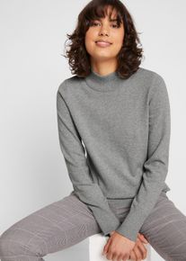 Strickpullover bonprix, Damen, Gr. 48/50 (XL), grau, Strick, Obermaterial: 50% Baumwolle, 35% Polyester, 10% Polyamid, 5% Viskose, unifarben, bequem h&uuml;ftbedeckend, ohne Ausschnitt, Rippb&uuml;ndchen, Pullover Strickpullover, aus Strickmaterial, atmungsaktiv, pflegeleicht, mit Stehkragen