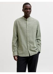 Jack & Jones Langarmhemd JACK & JONES "JJESUMMER LINEN BLEND BAND SHIRT L/S SN", Herren, Gr. XS, N-Gr, gr&uuml;n (new sage), Web, Obermaterial: 70% Baumwolle, 30% Leinen, unifarben, regular fit normal, 1-Knopf-Manschette, Hemden Langarmhemd, Baumwollmischung, regular fit