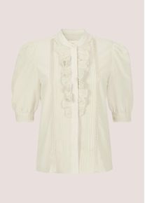 Madeleine Mode Kurzarmbluse MADELEINE "R&uuml;schenbluse Blusenshirt mit Spitzendetails", Damen, Gr. 42, wei&szlig; (perlwei&szlig;), Obermaterial: 79% Baumwolle CO. 21% Seide silk., Modern, schmal, Blusen Kurzarmbluse, Feine Spitzenb&auml;nder