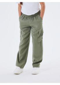 Cargohose name it "NKFBELLA ST TWI CARGO 8262-BU NOOS", M&auml;dchen, Gr. 116, N-Gr, gr&uuml;n (deep lichen gr&uuml;n), Twill, Obermaterial: 93% Viskose, 7% Polyester, unifarben, straight fit lang, Hosen Cargohose, mit elastischem Bund zum einfachen Reinschl&uuml;pfen