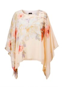Satinbluse GOLDNER "Kurzgr&ouml;&szlig;e Chiffonbluse mit floralem Design", Damen, Gr. 25, orange (pfirsich, gemustert), Obermaterial: 96% Polyester PES. 4% Elasthan EL., Modisch, normal, U-Boot-Ausschnitt, Asymmetrisch, Blusen Satinbluse, &Uuml;berwurf
