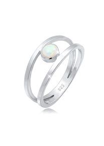 Silberring Elli "Ring Bandring Zweireihig Synthetischer Opal Wei&szlig; 925 Sterling Silber" Gr. 52, silber, Fingerringe, Damen, 52, Silber 925 (Sterlingsilber), Silberring