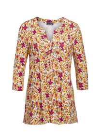 Print-Shirt GOLDNER "Kurzgr&ouml;&szlig;e Figurschmeichelndes Drucktunika-Shirt", Damen, Gr. 21, bunt (bunt, gebl&uuml;mt), Obermaterial: 95% Viskose CV. 5% Elasthan EL., normal, V-Ausschnitt, Sonstiges, Shirts Print-Shirt, Ohne