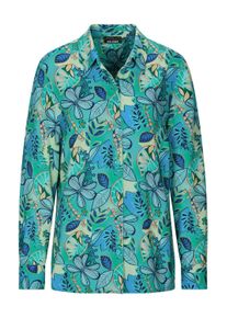 Kurzarmbluse GOLDNER "Blusenshirt mit floralem Print", Damen, Gr. 54, salbei, blau, gemustert, Obermaterial: 100% Viskose CV., figurumspielend, Blusen Kurzarmbluse, figurschmeichelnde Schnittf&uuml;hrung