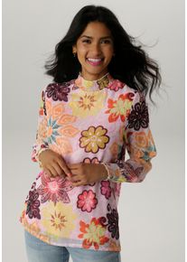 Chiffonbluse Aniston SELECTED, Damen, Gr. 48, bunt (gelb, orange, gr&uuml;n, rosa, wei&szlig;, terra, pink, camel, petrol, zimt, limone, braun), Chiffon, Obermaterial: 100% Polyester. Futter: 95% Viskose, 5% Elasthan, gebl&uuml;mt, gemustert, l&auml;ssig geschnitten h&uuml;ftbedeckend, Smokb&uuml;ndchen, Blusen Chiffonbluse, mit Blumendruck und Smokb&uuml;ndchen