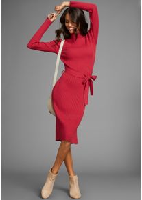 Strickkleid Laura Scott, Damen, Gr. 34, N-Gr, rot (rot, melange), Rippstrick, Obermaterial: 50% Viskose, 28% Polyester, 22% Polyamid, clean, unifarben, figurbetont kniebedeckend, Kleider Strickkleid, mit Rollkragen und Bindeg&uuml;rtel, Topseller