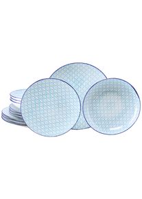 Teller-Set Creatable "Mediterran, Teller Set 12-tlg.", blau, 12, Steinzeug, Geschirr-Sets, Teller-Set, Mediterraner Flair, Traditionell keramische Motive