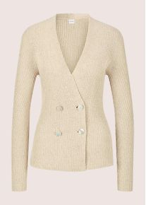 Madeleine Mode Strickjacke MADELEINE "Strickblazer Edle Strickjacke als Doppelreiher, V-Ausschnitt", Damen, Gr. 46, wei&szlig; (perlwei&szlig;), Obermaterial: 55% Leinen LI. 45% Baumwolle CO., Modern, Strickjacken Strickjacke, Perlmuttkn&ouml;pfe