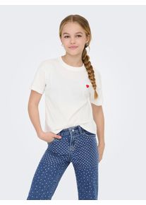 Kurzarmshirt KIDS Only "KOGMAIKEN LIFE CROPHEART SS TOP JRS NOOS", M&auml;dchen, Gr. 134/140, rot (cloud dancer print:heart emb., equestian rot), Jersey, Obermaterial: 100% Baumwolle, unifarben, regular fit h&uuml;ftlang, Rundhals, abgesteppte Kante, Shirts Kurzarmshirt, mit kleinem Herzchenmotiv auf der Brust