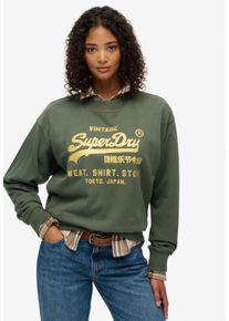 Sweatshirt Superdry "EMBELLISHED VL LOOSE CREW", Damen, Gr. XS, gr&uuml;n (thyme gr&uuml;n), Sweatware, Obermaterial: 100% Seide, bedruckt, unifarben, relaxed fit h&uuml;ftlang, Rundhals, Rippb&uuml;ndchen, Sweatshirts Sweatshirt