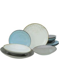 Tafelservice Creatable "Geschirr-Set NATURE COLLECTION Scandic", blau (kieselgrau, hellblau, grau, naturwei&szlig;), 12 Stk., Steinzeug, Geschirr-Sets, Tafelservice, Teller Set, Service, 4 Farben im Set, 12 Teile, f&uuml;r 4 Personen
