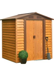 Ger&auml;tehaus Pergart "Frankfurt II 65", braun (holzfarben), Metall, Ger&auml;teh&auml;user, Ger&auml;tehaus, Metall, mit Satteldach und integrierter Schiebet&uuml;r im Blockhausstil