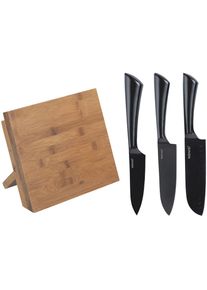 Magnet-Messerblock Wenko "Modell Mesina mit Messerset", braun (dunkelbraun), B:23,5cm H:21cm L:13cm, Messerbl&ouml;cke, Magnet-Messerblock, rostfreier Edelstahl und ger&auml;ucherter Bambus, FSC-zertifiziert
