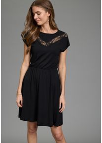 Abendkleid Laura Scott, Damen, Gr. 46, N-Gr, schwarz, Jersey, Obermaterial: 95% Viskose, 5% Elasthan. Spitze: 100% Polyester, unifarben, figurumspielend mini, Rundhals, angeschnitten, Kleider Abendkleid, mit U-Boot-Ausschnitt, mit Spitzenapplikationen, unifarben, Kurzarm, Topseller