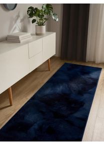 Tapis poil ras en fausse fourrure Furry Bleu fonc&eacute; 70x200 cm - Tapis poil court design moderne pour salon