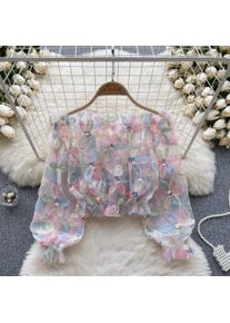 Women's Sheer Tulle Blouse with 3D Floral Appliques Long Puff Sleeves, Sequin Embellished, Transparent Mesh Top