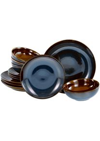 Teller-Set Creatable "Mallorca, Teller Set 12-tlg", blau, 12 Stk., Steinzeug, Geschirr-Sets, Teller-Set, Spezialglasur mit Vintage Au&szlig;enrand