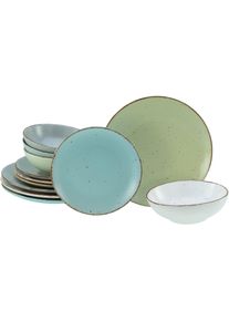 Teller-Set Creatable "Fashion Bunt, Teller Set 12-tlg.", bunt, 12 Stk., Steinzeug, Geschirr-Sets, Teller-Set, Vintage Look, Seidenmatte Glasur, Handgemalte R&auml;nder