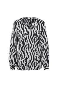 Kurzarmbluse GOLDNER "Kurzgr&ouml;&szlig;e Bluse mit Tunika Ausschnitt", Damen, Gr. 25, schwarz (schwarz, wei&szlig;, gemustert), Obermaterial: 100% Viskose CV., figurumspielend, weit Manschette, Blusen Kurzarmbluse, keine/nicht relevant