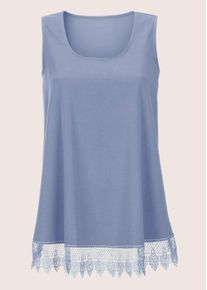 Madeleine Mode Blusentop MADELEINE "Blusentop Top mit Spitze", Damen, Gr. 44, blau (stahlblau), Obermaterial: 100% Polyester PES., Modern, normal, Blusen Blusentop