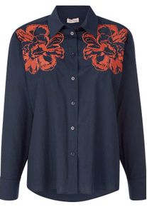 Hemdbluse Alba Moda "Hemdbluse Hemdbluse mit Stickerei-Akzenten", Damen, Gr. 46, blau (marine), Obermaterial: 98% Baumwolle CO. 2% Elasthan EL., Modern, gerade, Blusen Hemdbluse