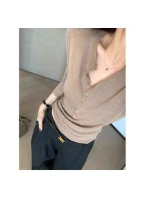 Women Long Sleeved Top V-neck Button Design Slimming Solid Color Simplicity Fashion Retro Temperament Leisure Versatile T-shirt