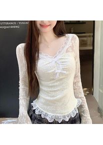 Women Long Sleeved T-shirt V-neck Lace Bow Splicing Slimming Solid Color Simple Fashion Sweet Daily Versatile Short Style Top