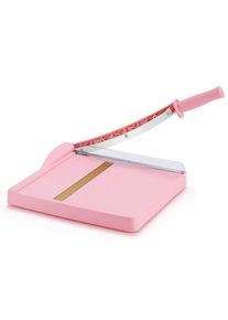 Guillotine-style paper cutter with a safety guard and blade lock, 12-inch cutting length, capable of cutting 16 sheets of paper.