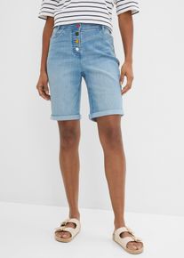 bonprix Bermudy jeansowe mid waist, z haftem i wygodnym pasem, niebieski, 48