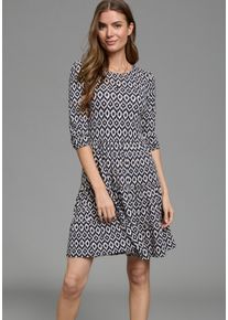 Jerseykleid Laura Scott, Damen, Gr. 38, N-Gr, 3/4 Arm, Single Jersey, blau (blau, gemustert), Single Jersey, Obermaterial: 95% Viskose, 5% Elasthan, gemustert, tailliert kurz, Rundhals, mit innenliegendem Gummizug, Kleider Jerseykleid, femininer Stil, taillierte Passform, mit Volant am Kleidersaum, Topseller